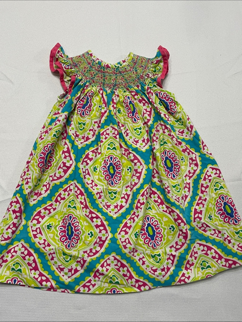 Le' Za Me multi-color print hand smocked dress. Size 24months. Preowned.